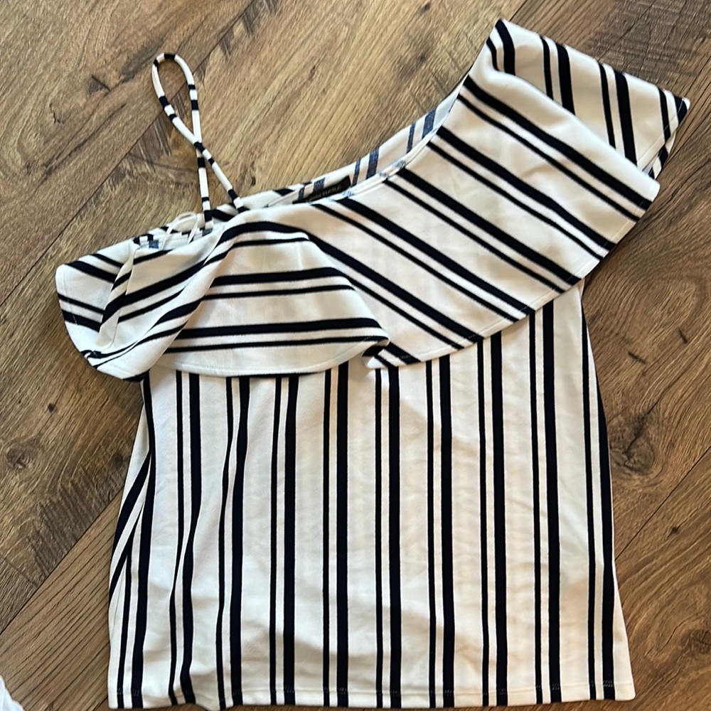 One shoulder navy and white top